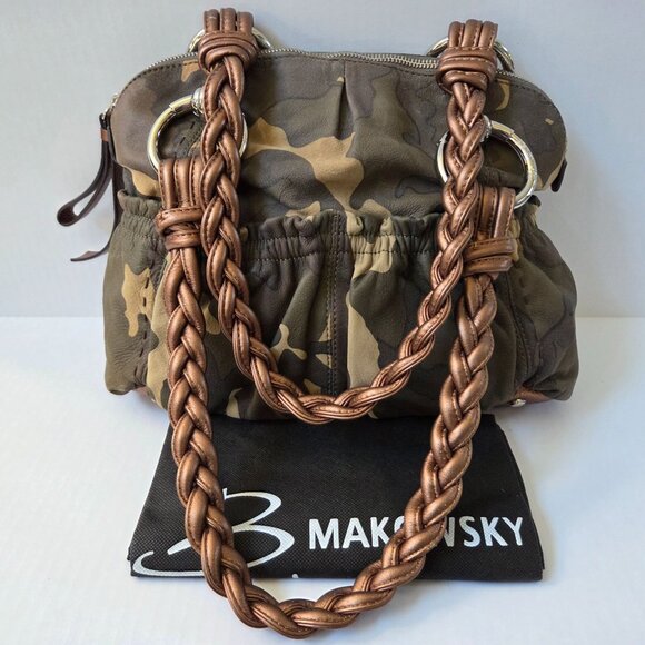 B Makowsky Purse Caroline Green Tan Camo Leather Satchel Shoulder Bag - Picture 1 of 16